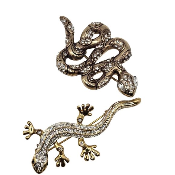 Reptile Lizzard 2PC Brooch Set Gold Silver Tone Amphibian Reptile Figural Pins - Picture 2 of 14